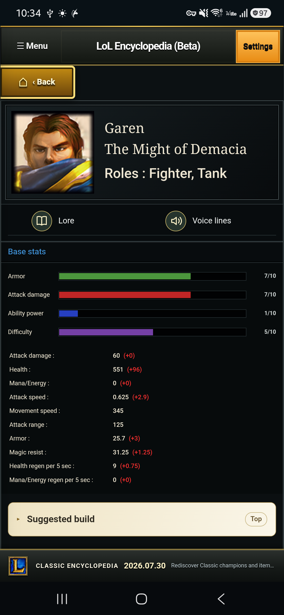 Physical Android phone showing English Garen details and base stats