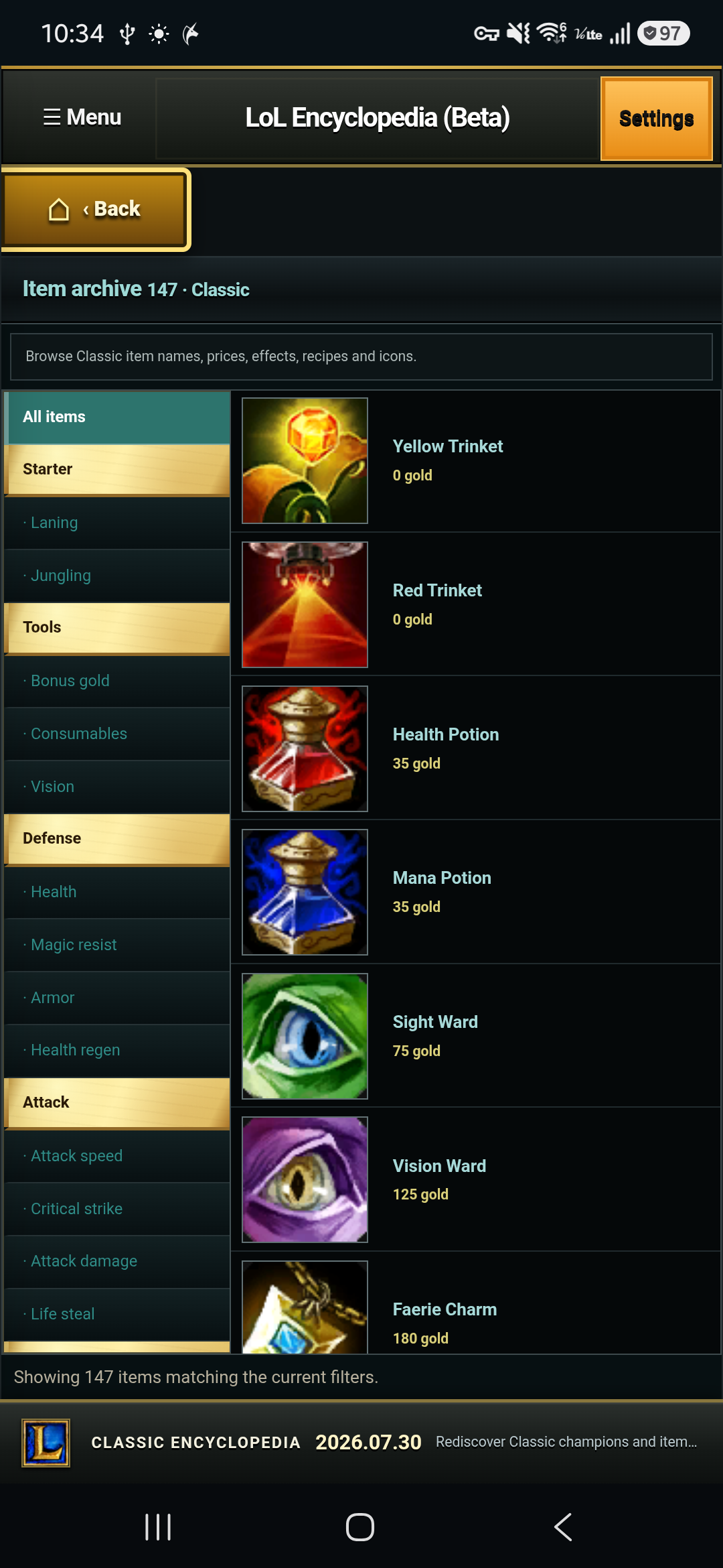 Physical Android phone showing the English Classic item archive