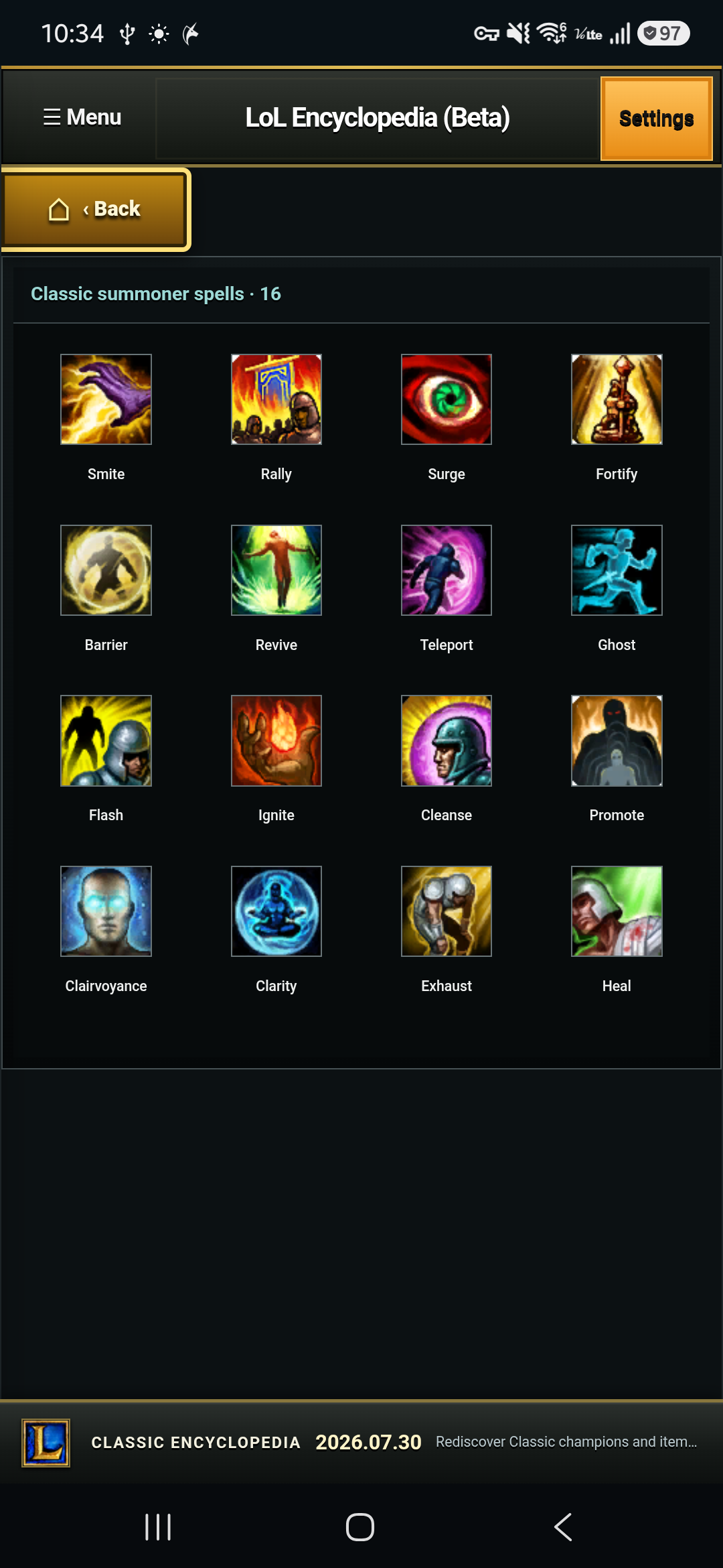 Physical Android phone showing English Classic summoner spells